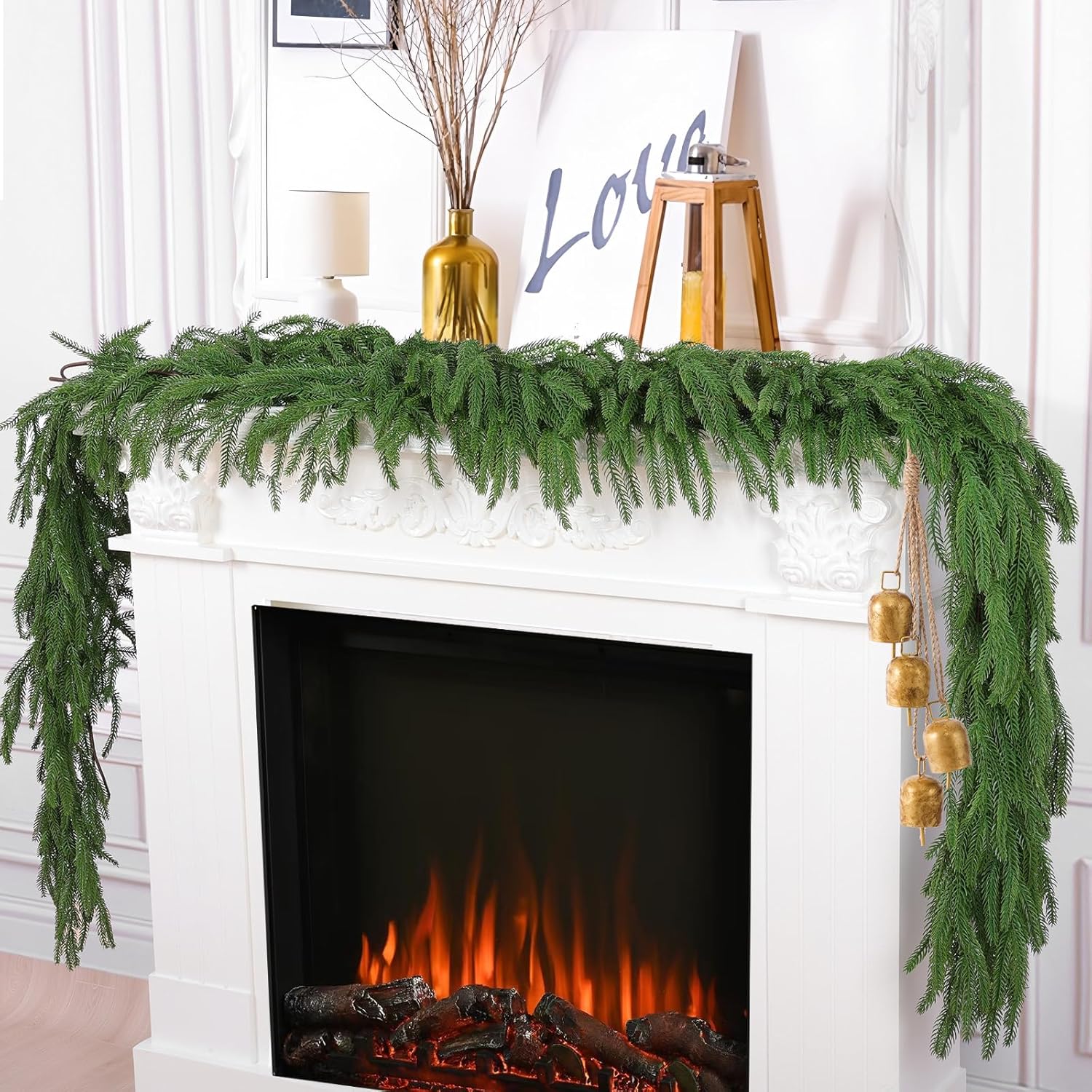 Hananona 4 Pcs 9 Ft Artificial Norfolk Pine Garlands, Real Touch Winter Pine Garland, Green Artificial Greenery Garland for Table, Mantle, Wall, Indoor, Outdoor Christmas Decorations (4, 9 Ft)