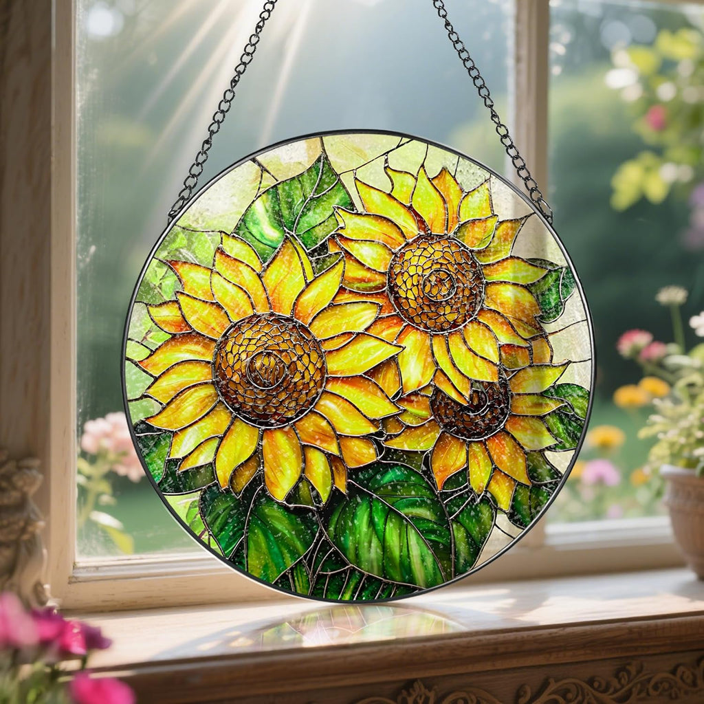 Sunflower Stained Glass Suncatcher, 8 Inch Sun Catchers Indoor Window, Stained Glass Window Hanging, Windows Dedor and Christmas, Mother's Day, Birthday, Gifts for Women Mom, Idea Gift, Gift Exchange