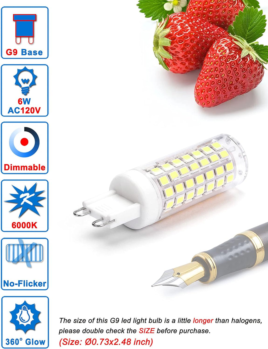 No Flicker G9 Led Bulbs Dimmable Daylight 6000K,Replace 40W 50W 60W Halogen,AC120V Dimmable G9 6W LED Cool White for Chandelier Pendant Ceiling Lamp(5Pack)