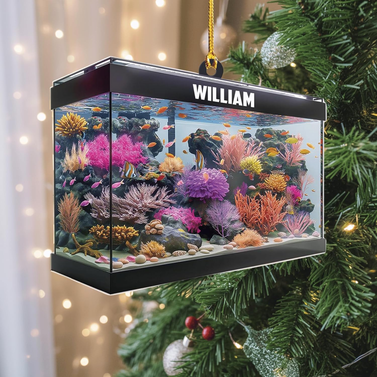 Personalized Aquarium Christmas Ornament - Custom 2D Flat Acrylic Marine Reef Decoration with Name, Stunning Ocean Life Design Gift for Saltwater Enthusiasts