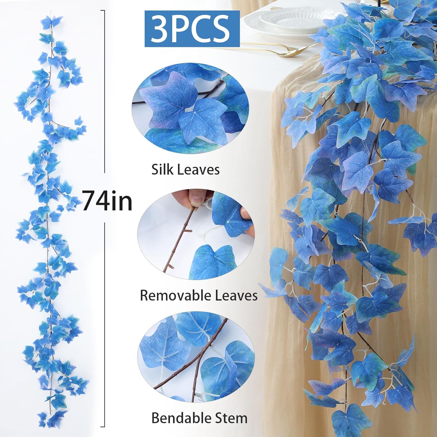 Mizii 3 Strands Artificial Vines Blue Ivy Garland 74" Fake Vine with Silk Leaves Faux Hanging Plants Greenery Decoration for Outdoors Wedding Party Indoor Bedroom Home Wall Room Decor (Blue)