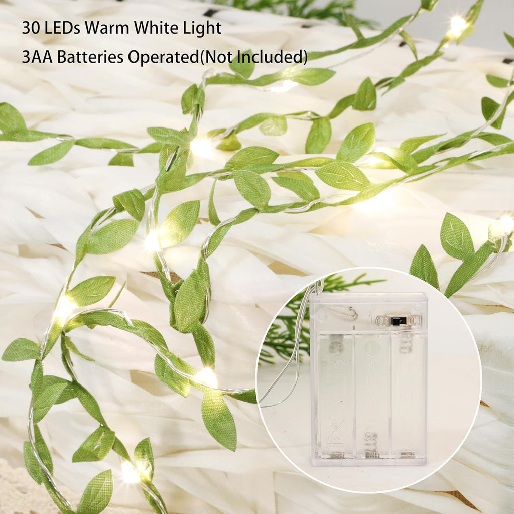 Green Leaves String Lights - 10FT 30LEDs Tiny Artificial Ivy Leaf Vine Battery Operated Fairy Decorative Warm White Light for Indoor Home Garden Wall Party Wedding Holiday Decor