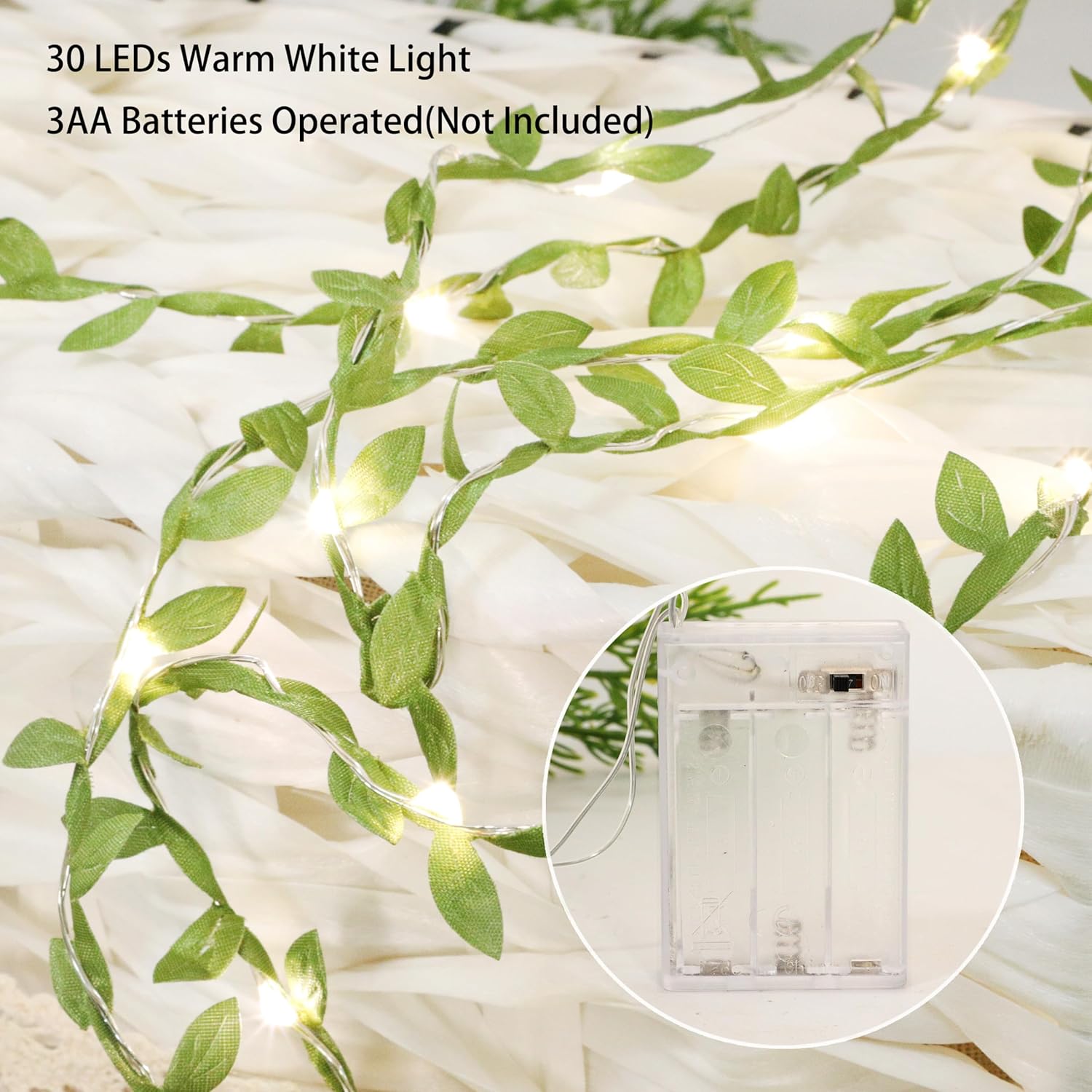 Green Leaves String Lights - 10FT 30LEDs Tiny Artificial Ivy Leaf Vine Battery Operated Fairy Decorative Warm White Light for Indoor Home Garden Wall Party Wedding Holiday Decor