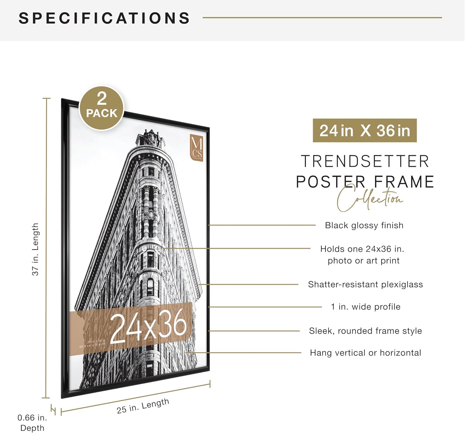 MCS Trendsetter 24x36 Poster Frame Black High-Gloss, Vertical & Horizontal Wall Hanging Large Picture Frame for Photos, Posters & Art Prints (2-Pack)