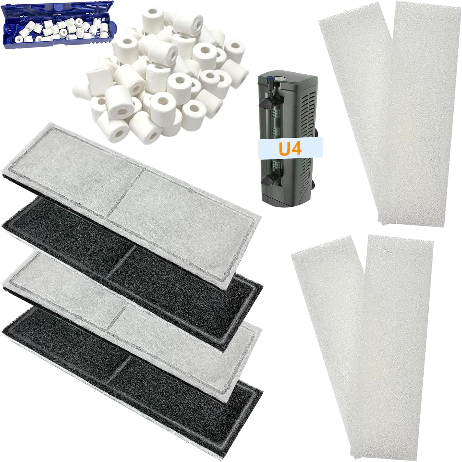 9 PCS Aquarium Maintenance Media Replacement for Fluval U4 Underwater Filter A480, Freshwater and Saltwater Aquarium Filter, Includes 4 Foam Pads, 4 Poly Carbon Cartridges and 1 Ceramic Ring