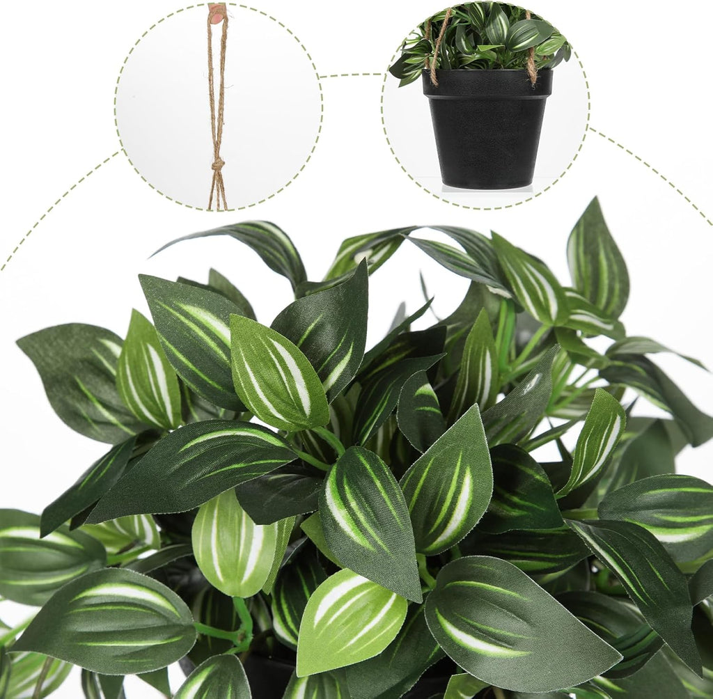 Briful Artificial Hanging Plants in Black Pot 17.7" Lifelike Trailing Faux Watermelon Peperomia Silk Plant with Cascading Green Leaves Fake Hanging Greenery for Indoor & Outdoor Home Garden Décor