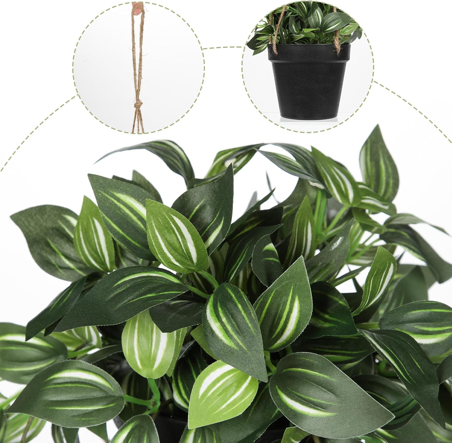 Briful Artificial Hanging Plants in Black Pot 17.7" Lifelike Trailing Faux Watermelon Peperomia Silk Plant with Cascading Green Leaves Fake Hanging Greenery for Indoor & Outdoor Home Garden Décor