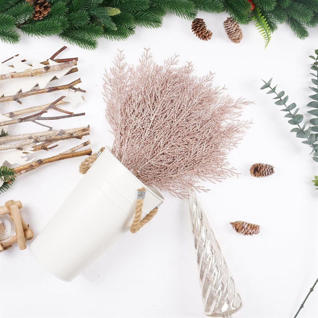 Christmas Glitter Twig 24pcs Artificial Pine Tree Picks for Christmas Tree Ornaments fillers, DIY Xmas Wreath, Crafts, Garland, Holiday, Party, Wedding and Home Decoration (Rose Gold)