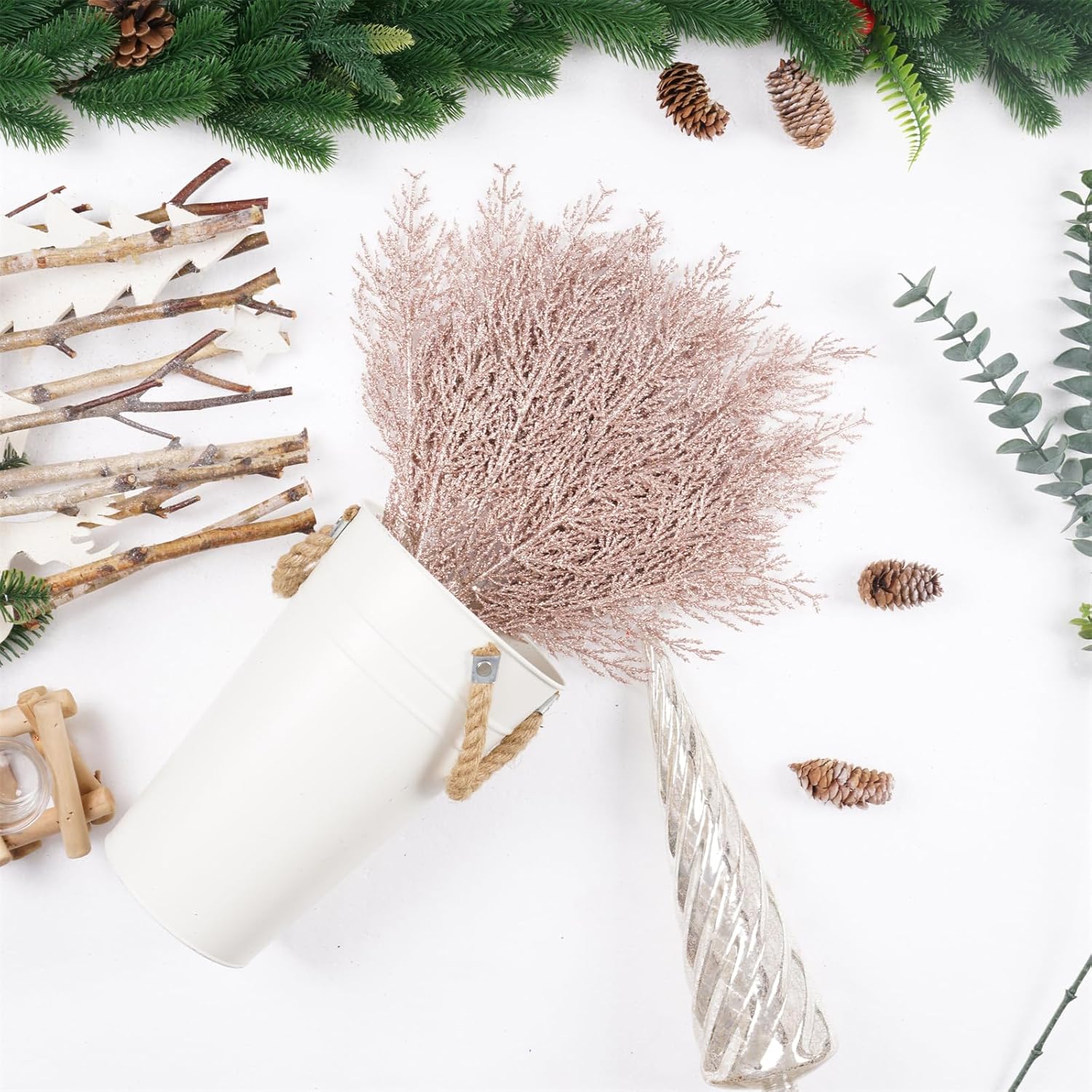 Christmas Glitter Twig 24pcs Artificial Pine Tree Picks for Christmas Tree Ornaments fillers, DIY Xmas Wreath, Crafts, Garland, Holiday, Party, Wedding and Home Decoration (Rose Gold)