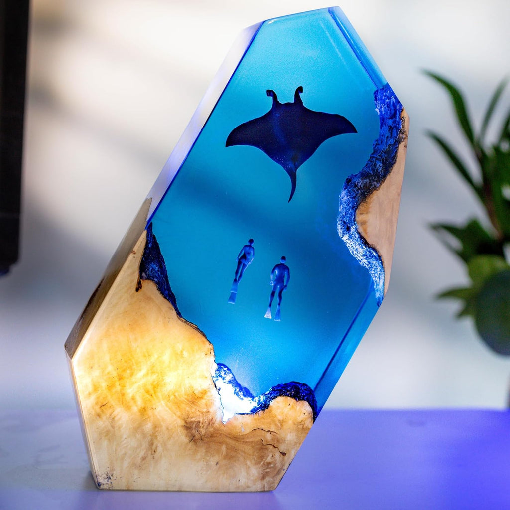 Ocean Resin Lamp – Marine Life Night Light with 16 Color LED, USB Powered Whale Shark & Turtle Desk Lamp with Wooden Base & Remote,Handmade Gift for Christmas, New Year