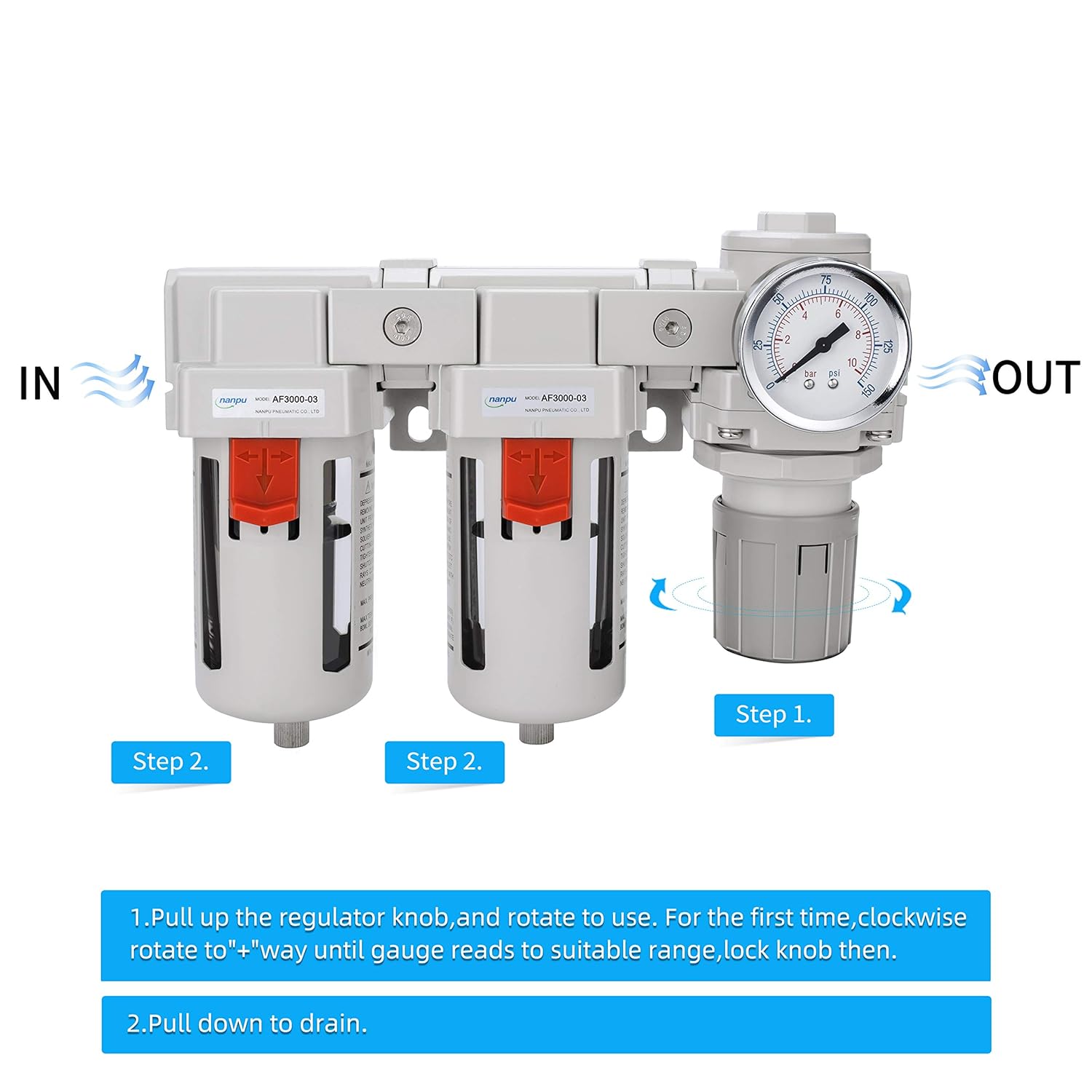NANPU 3/8" NPT Air Drying System - 5 Micron Particulate Filter, 0.01 Micron Coalescing Filter, Air Pressure Regulator Combo - Semi-Auto Drain, Poly Bowl w/Metal Gauge