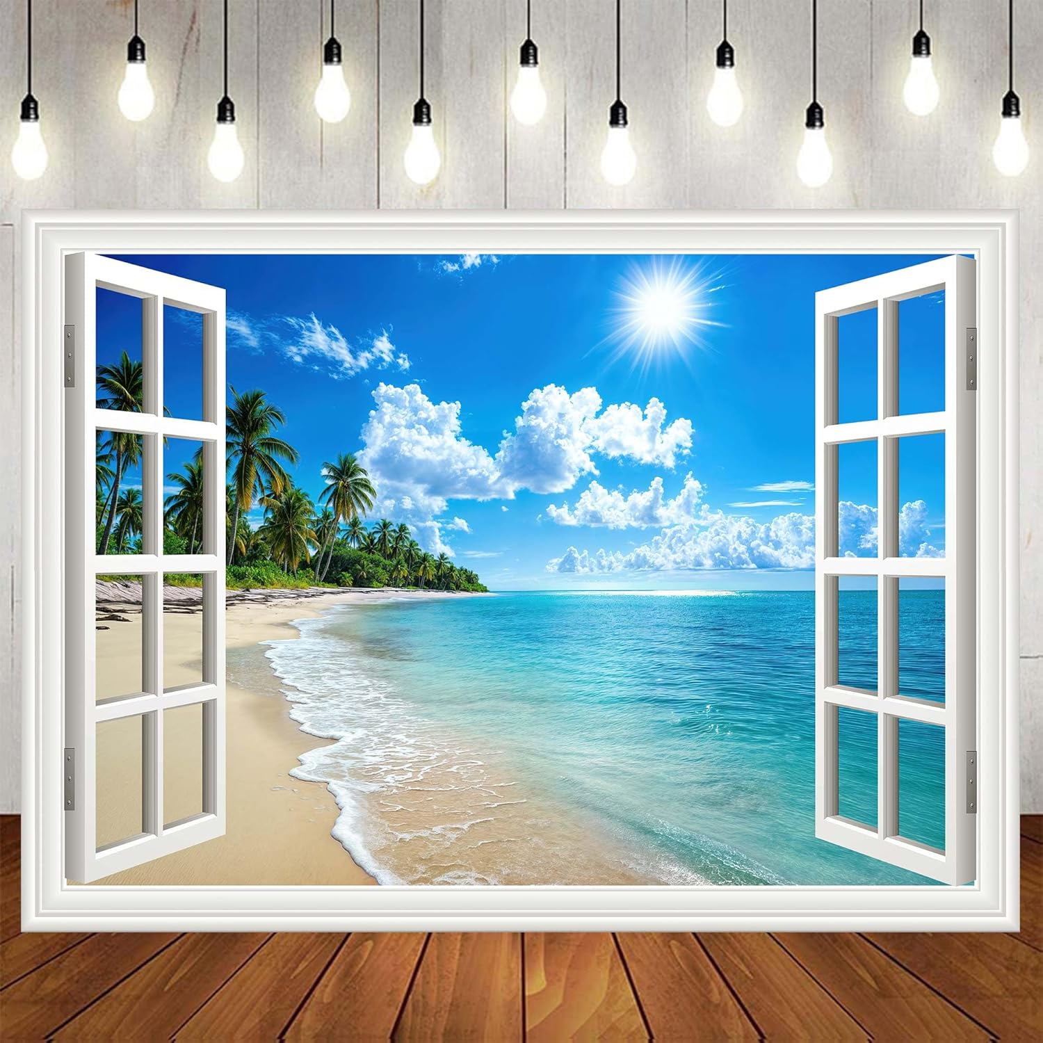 Beach Window Backdrop, Hawaiian Tropical Photo Backdrop, Ocean Island Green Palm Leaves Wedding Birthday Party Backdrop Photo Booth Props, 7X5ft