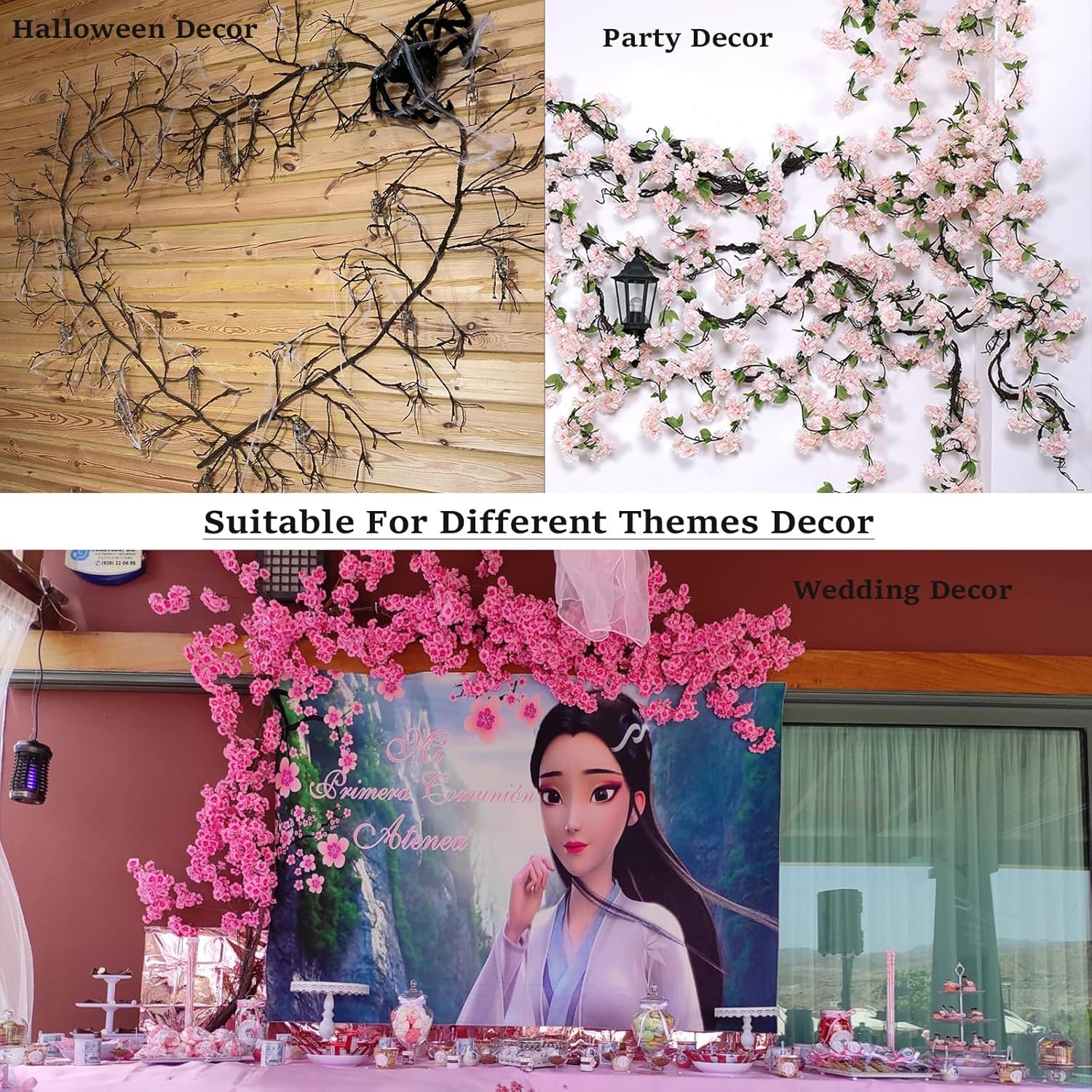 300cm/118inch Long Realistic Artificial Fake Tree Branches Bendable Wood Greenery Twigs Willow Stems Grape Vine Garland Plants For Wall Porch Hanging Garden Outdoor Wedding Room Christmas Decoration