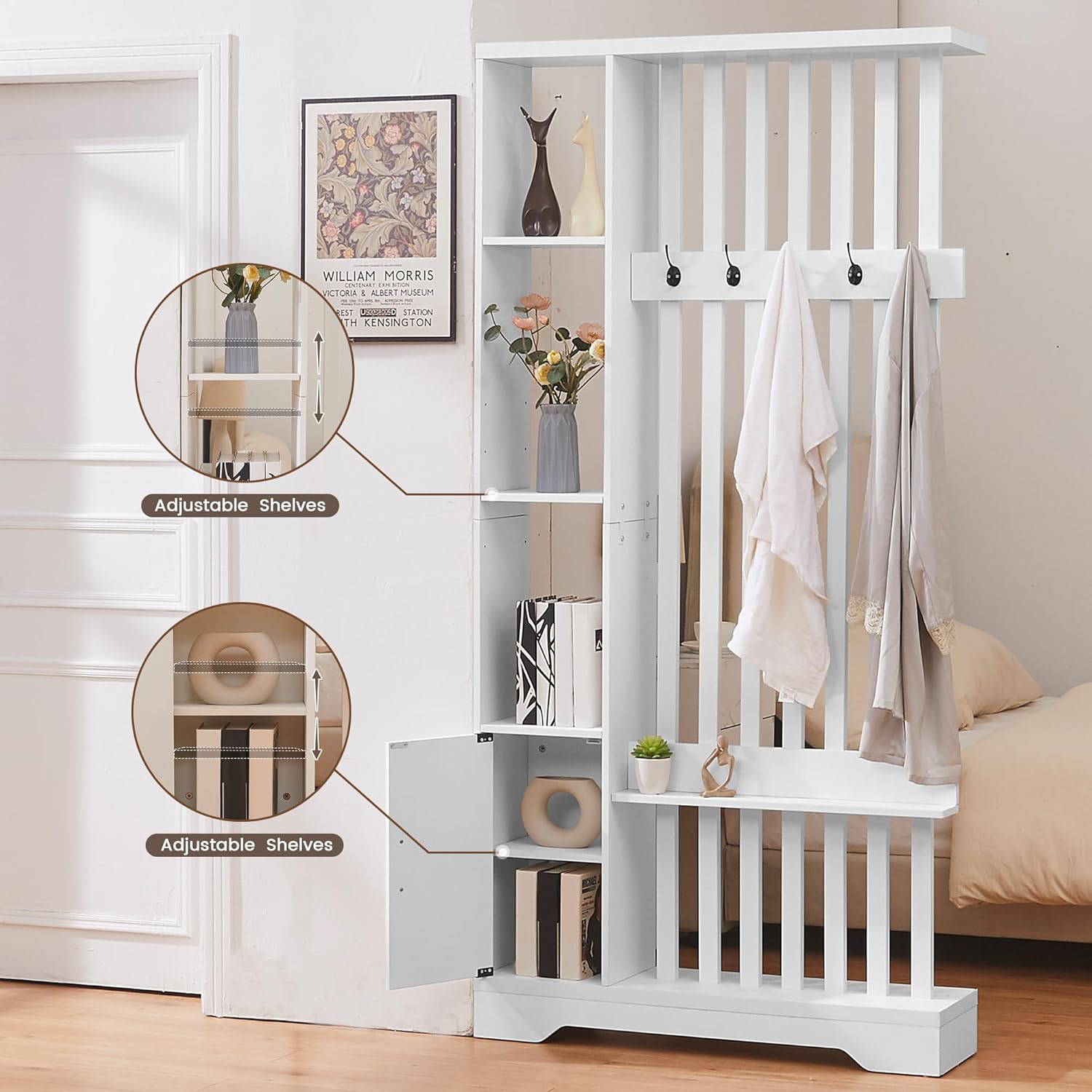 Room Divider with Shelves, Wall Room Divider Bookshelf, Freestanding Wood Privacy Screen with Storage Cabinet, Coat Rack, Display Shelf for Living Room Separation, Home Office Decorative