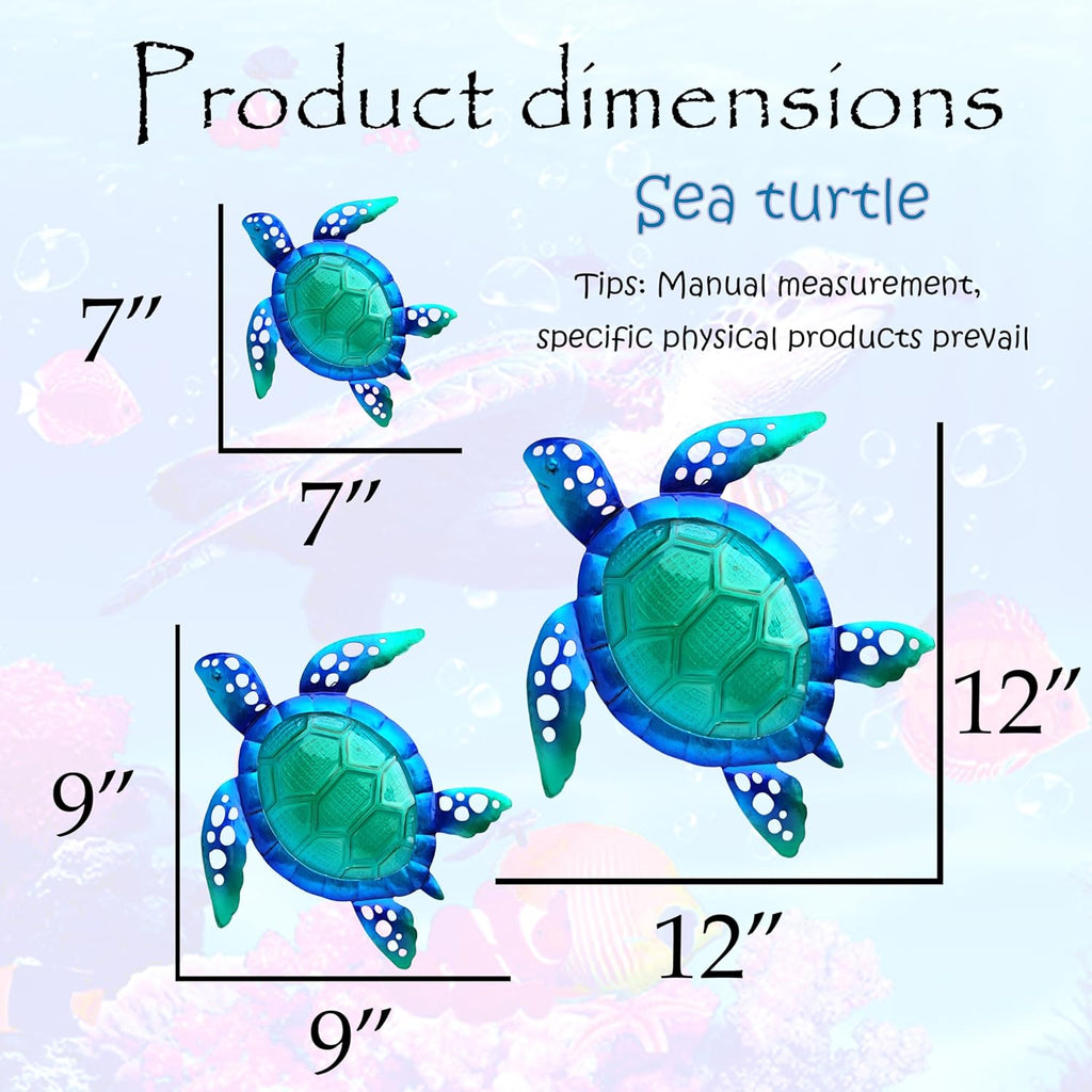 JOYBee Sea Turtle Wall Art Decor, Metal & Glass Sea Life Nautical Home Wall Hanging Decor,Ocean Theme Coastal Decorations for Indoor Outdoor Bathroom and Garden-Blue（Set of 3）