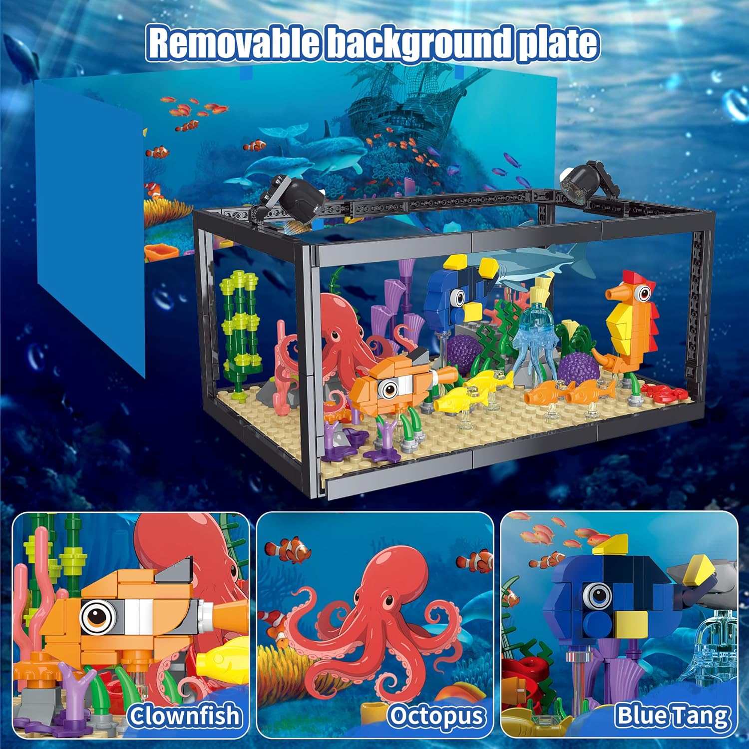 8 in 1 Fish Tank Building Sets, Marine Aquarium Building Block with LED Light Party Favors 9 Model Toy Including Octopus Crab, Christmas Birthday Gifts for Boys Girls Kids Ages 6 8 10 12+