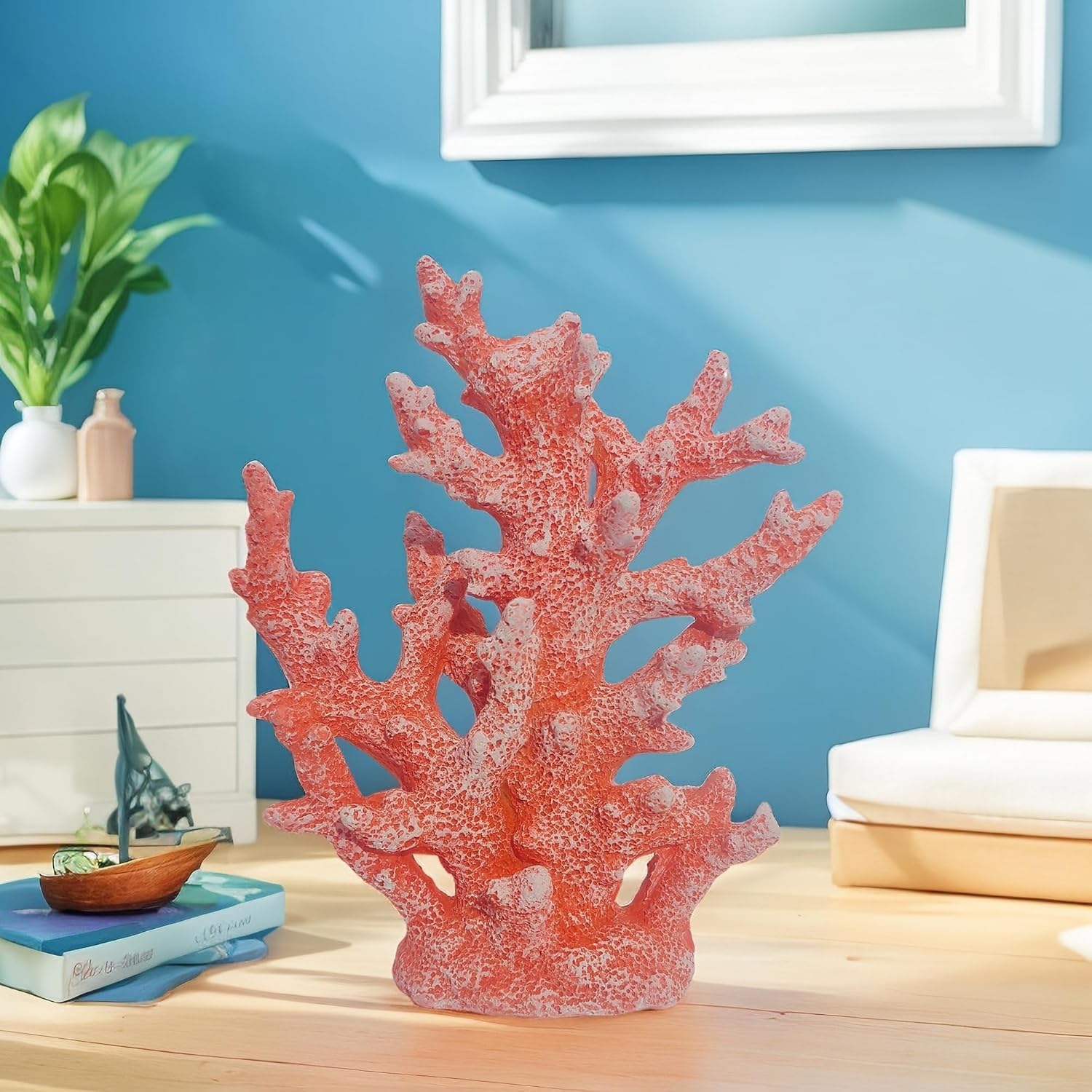 Beach Coastal Decor Coral Reef Home Decor Statue Sculpture Home,Desk,Bathroom,Desktop Shelf Statue,Marine Themed Gifts (Red Orange Coral)