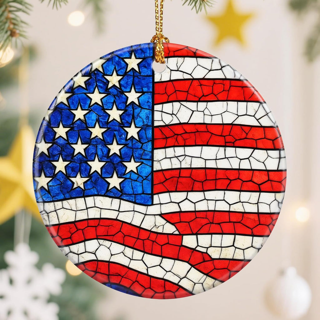Ceramic-Style Christmas Tree Decorations, Christmas Ornaments, Double-Sided Printed Ornament Keepsakes, Holiday Decor. Xmas Gifts, Gifts for Flag Lovers - American Flag-Themed