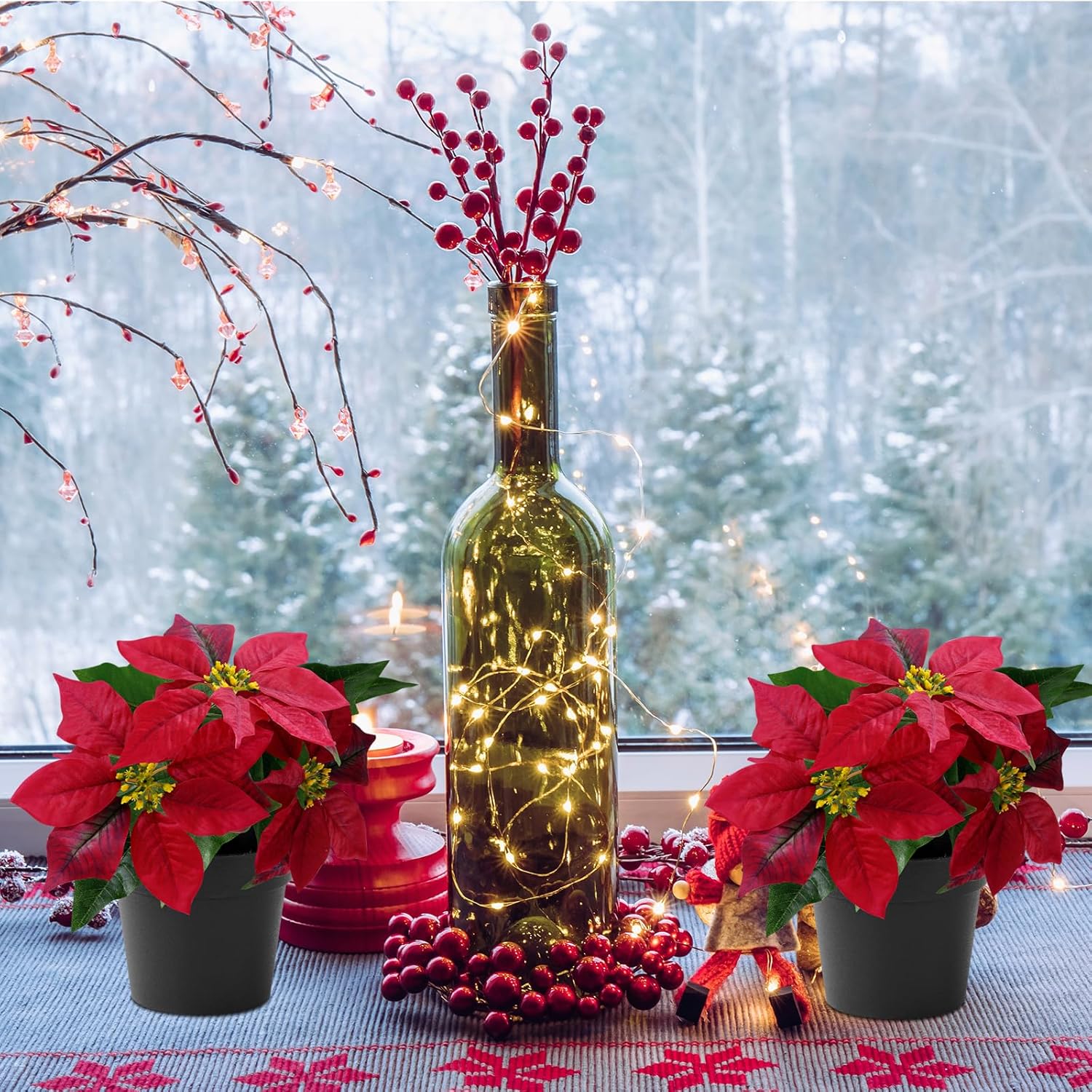 2 Pack Poinsettias Artificial Christmas Flowers Small Red Poinsettia Plant Artificial 9 Inch Faux Winter Flowers for Porch Home Garden Decorations Indoor Outdoor Xmas Ornament