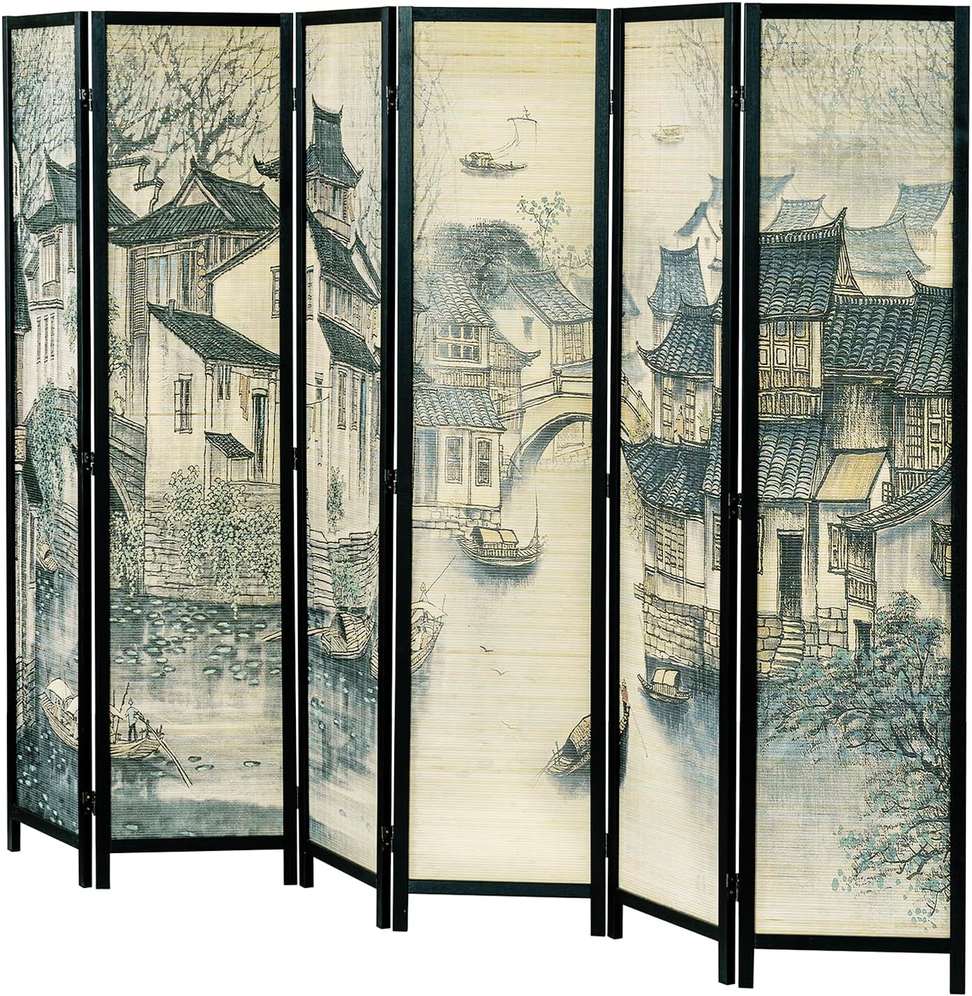 MyGift 6 Panel Room Divider Privacy Partition with Dual-Sided Vintage Asian Water Village Ink Brushed Print Design, 6FT Black Wood Framed Decorative Artwork Folding Screen 94.6''W x 68.9''H