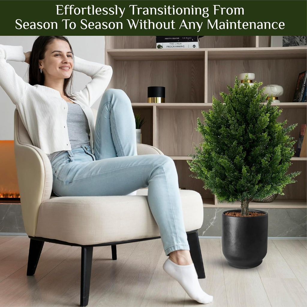 Artificial Cypress Topiary Tree, Indoor Outdoor UV-Resistant Plant Decor, 16.5 Inch Height, Lifelike (2)