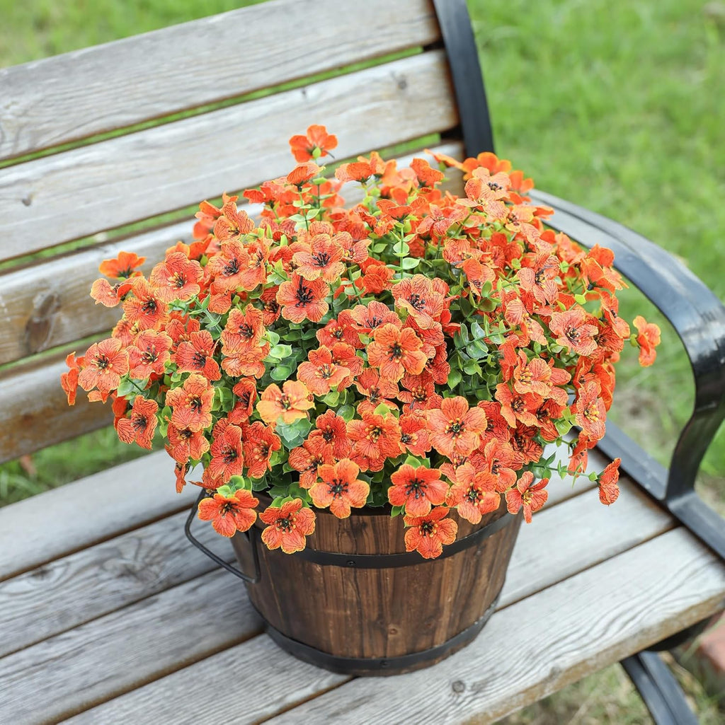 HyeFlora Artificial Fall Flowers Faux Mums for Outdoor Indoor Garden Home Decoration, Faux Flower Daisy with Eucalyptus Leaves Fake Mums Plants Greenery Boxwood Porch Patio, 12 Bundles (Orange)