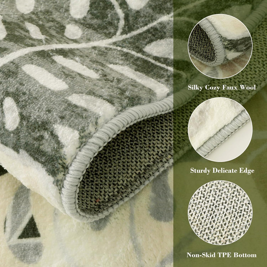Wonnitar 2x3 Leaf Entryway Rug, Washable Small Indoor Rug for Front Door Entry, Non-Slip Tropical Monstera Kitchen Carpet Soft Low Pile Bath Mats for Bedroom Bathroom, Dark Jungle Green