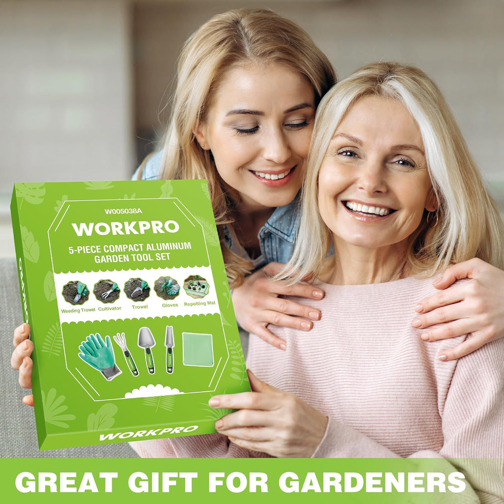 WORKPRO 5PCS Garden Tool Set, Powder Coating Compact Aluminum Gardening Tool Set with Repotting Mat, Outdoor Garden Hand Tools, Ideal Gardening Gift, Green