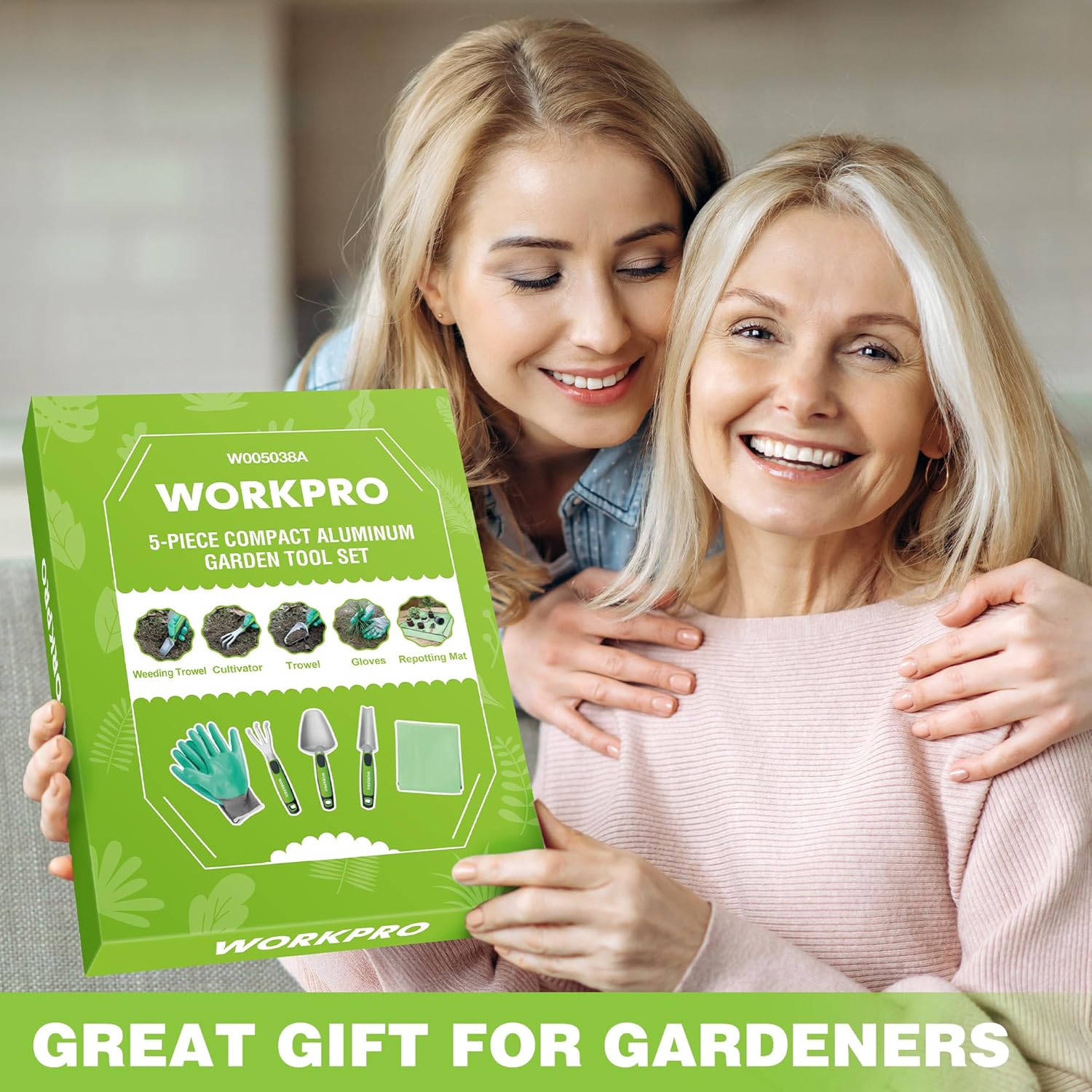 WORKPRO 5PCS Garden Tool Set, Powder Coating Compact Aluminum Gardening Tool Set with Repotting Mat, Outdoor Garden Hand Tools, Ideal Gardening Gift, Green