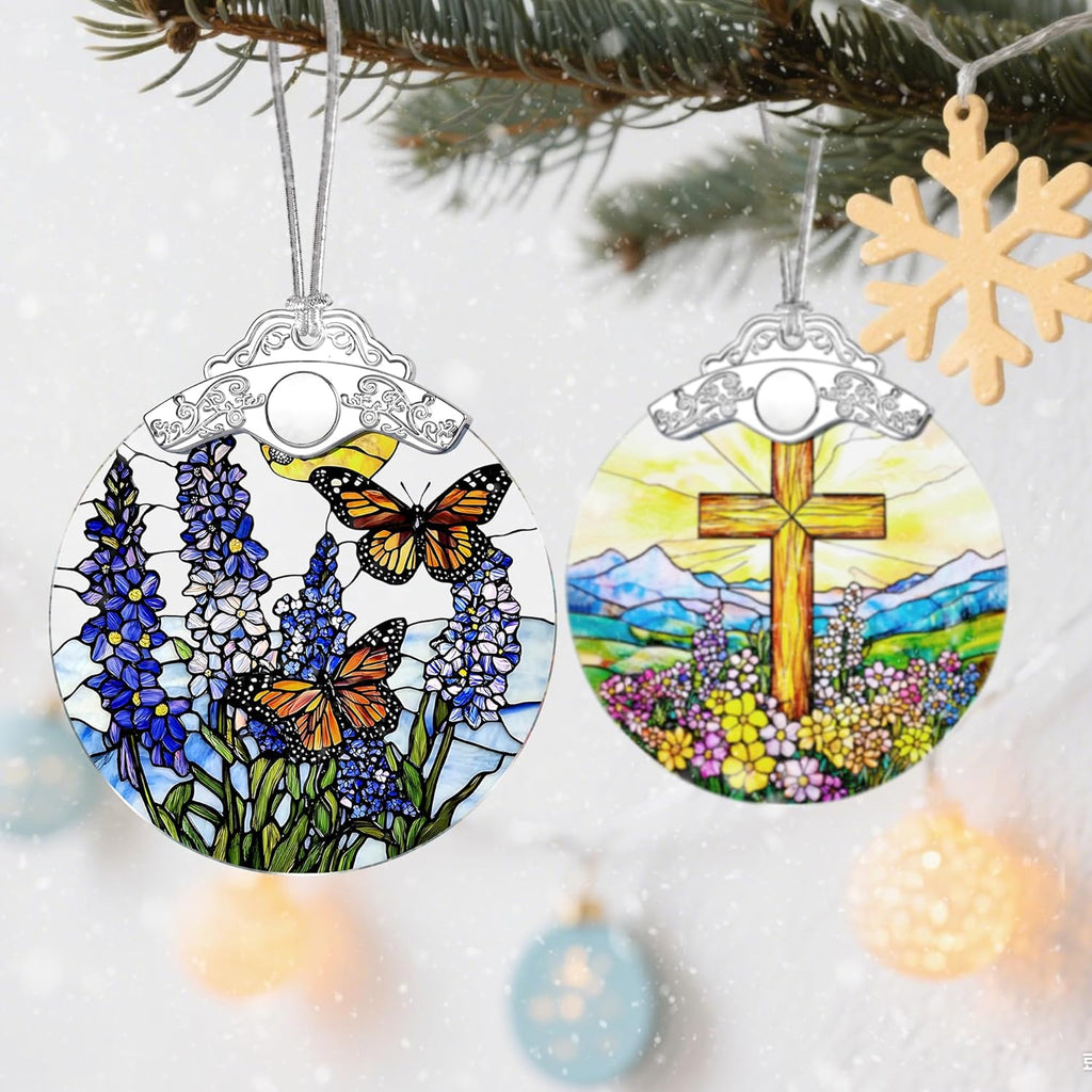 Stained Glass Ornament, Christmas Ornaments, Christmas Decorations for Tree, Holiday Ornament, Gifts for Butterfly Lovers, Holiday Party Gifts, Gift Ideas & Xmas Gift - Lavender with Butterfly