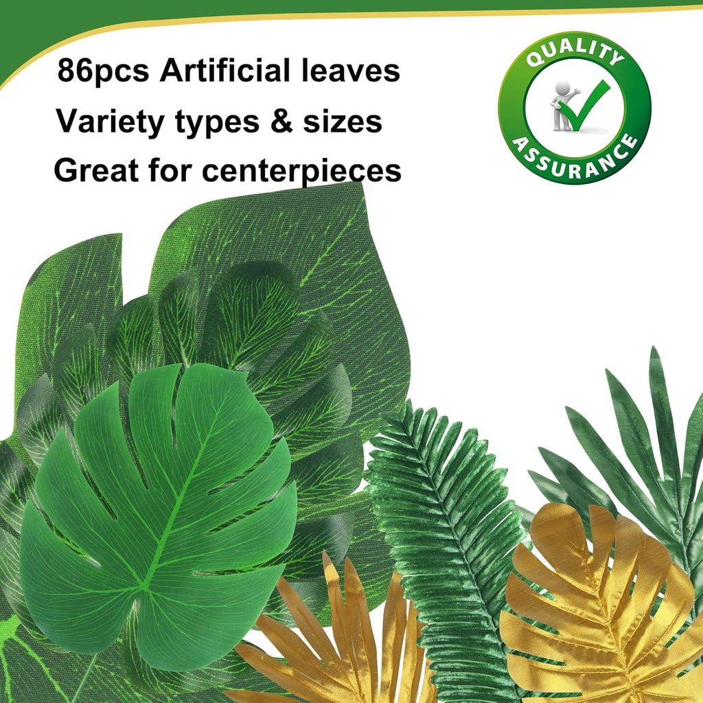 86Pcs 8Kinds Artificial Tropical Palm Leaves Jungle Safari Leaves Faux Plant Golden Leaves Decorations for Hawaiian Beach Birthday Luau Party Table Decorations