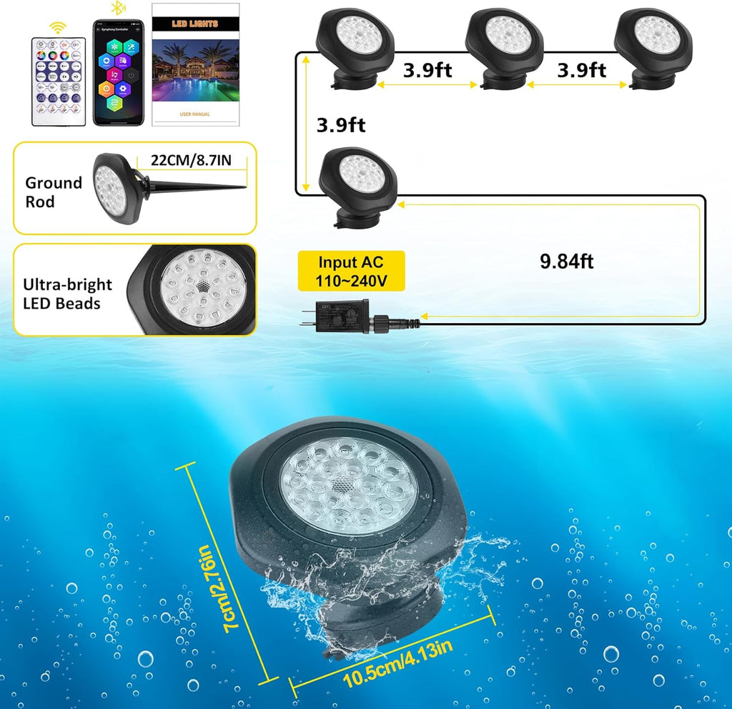 T-SUN Pond Lights LED Underwater 16M Colors with App and Remote, Submersible Fountain Light with Timer and Dimmable, Music Sync, Outdoor Spotlights for Koi Pond, Garden, Yard