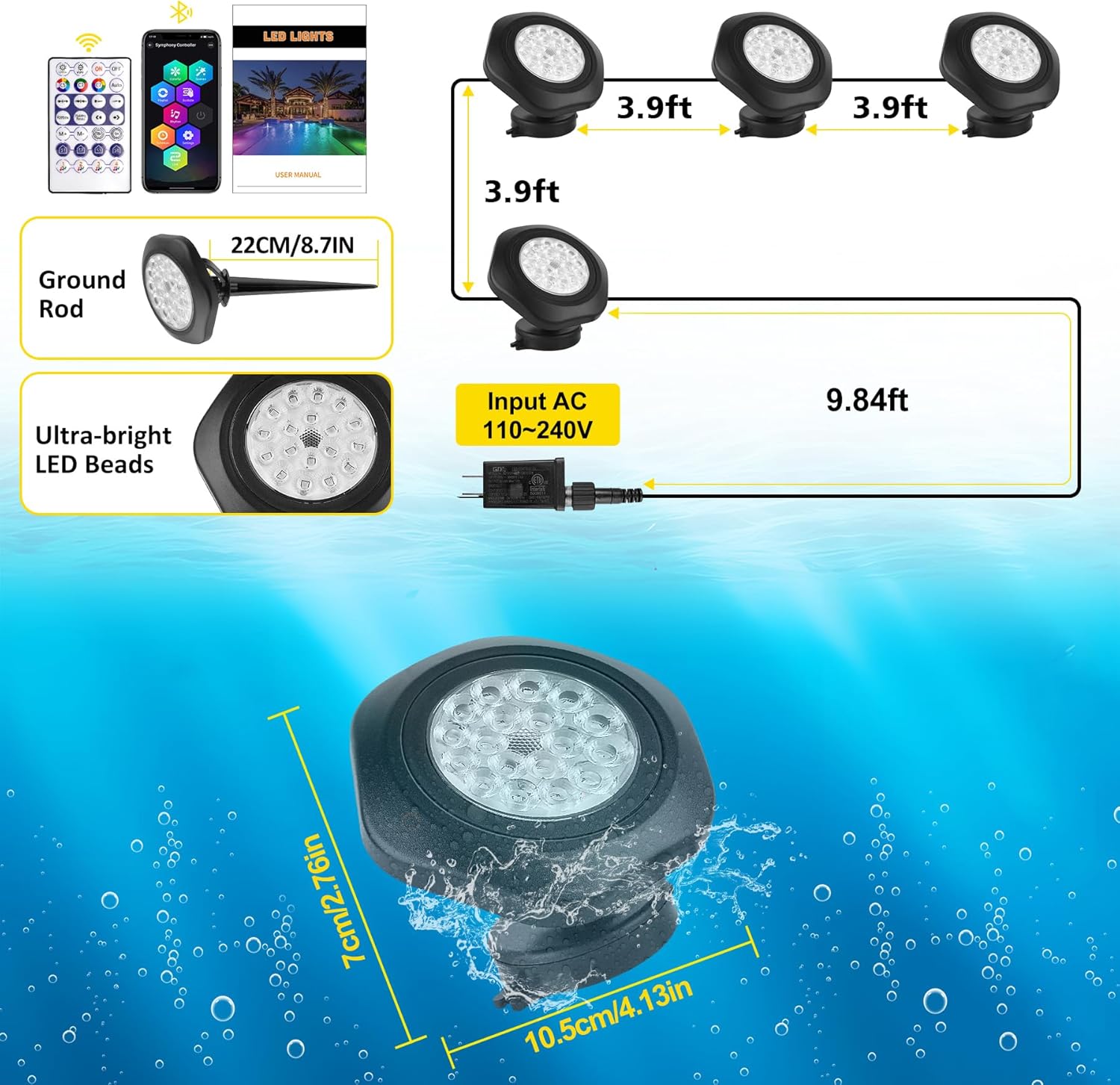 T-SUN Pond Lights LED Underwater 16M Colors with App and Remote, Submersible Fountain Light with Timer and Dimmable, Music Sync, Outdoor Spotlights for Koi Pond, Garden, Yard