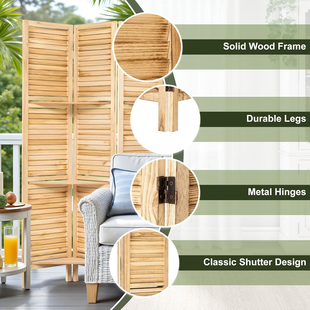 NicBex 6 Panel Room Divider,5.6FT Wood Carved Room Dividers with Display Shelves Folding Privacy Screens Portable Freestanding Partition Wall Dividers for Room Separation, Bedroom Office,Natural Wood