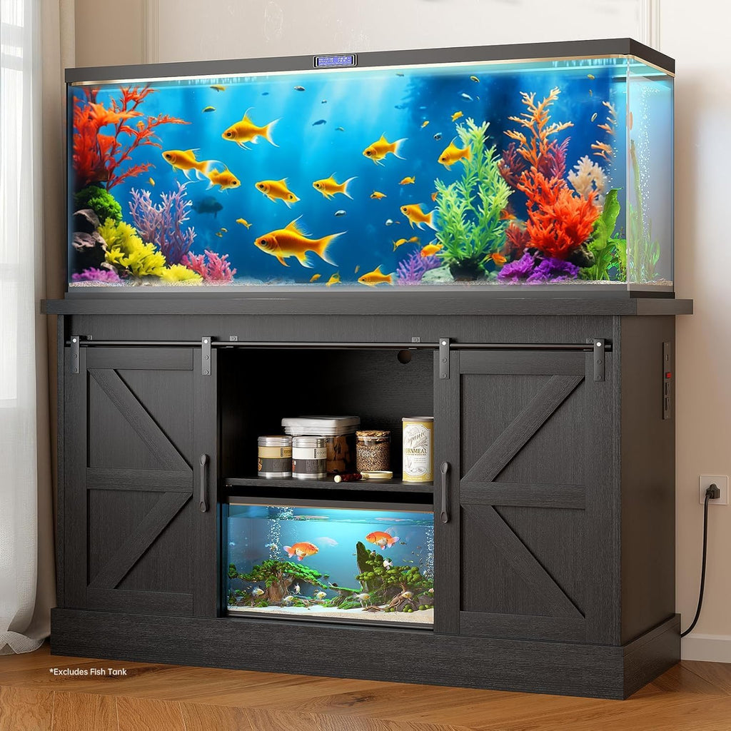 55-75 Gallon Fish Tank Stand with Sliding Barn Doors & Power Outlet, Heavy Duty Aquarium Stand with Cabinet Storage for Fish Tank, Turtle Tank, Reptile Terrarium, 1000LBS Capacity