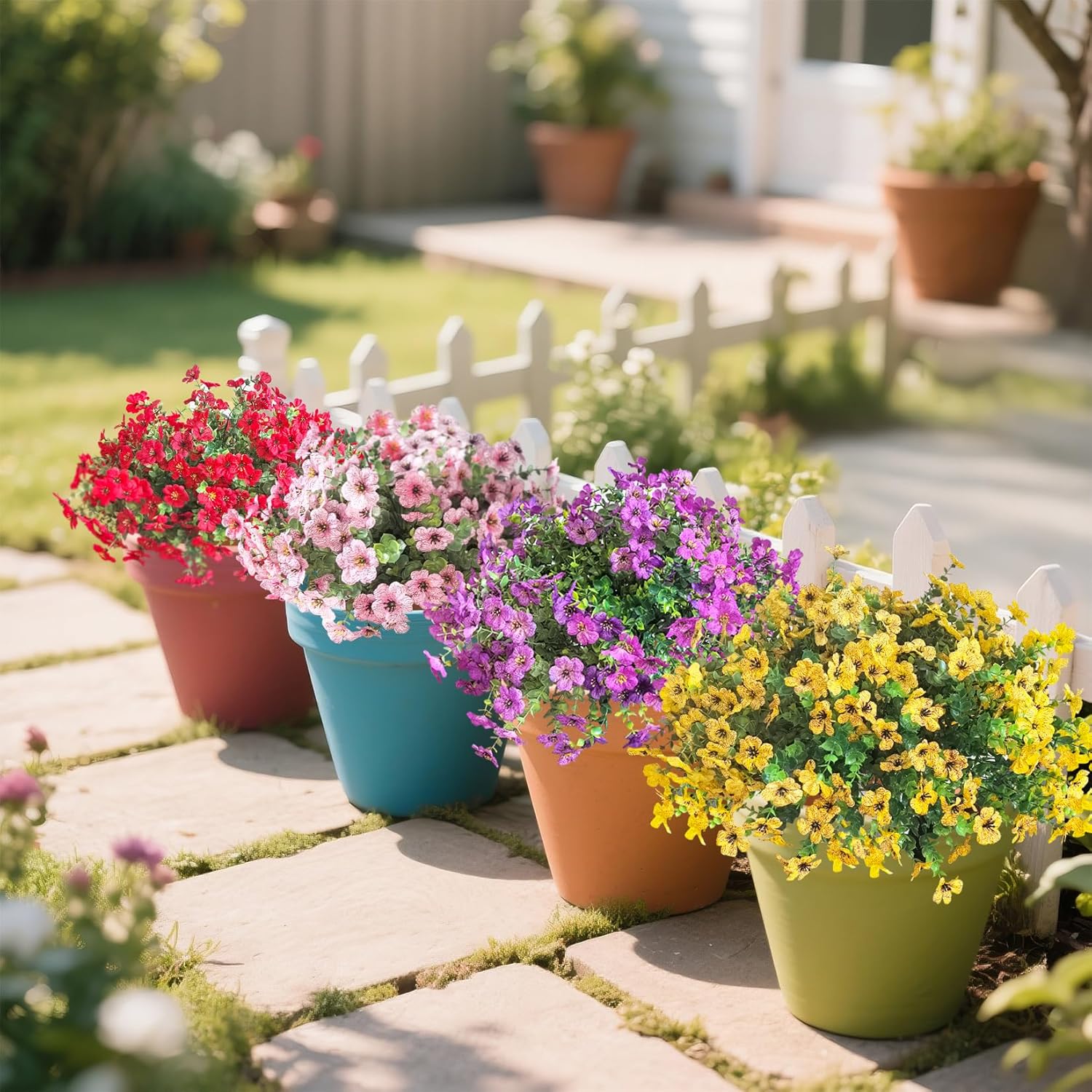 Artificial Flowers for Outdoor Indoor Garden Home Decoration, Faux Flower Daisy with Eucalyptus Leaves Fake Plants Greenery Boxwood Porch Patio, 12 Bundles