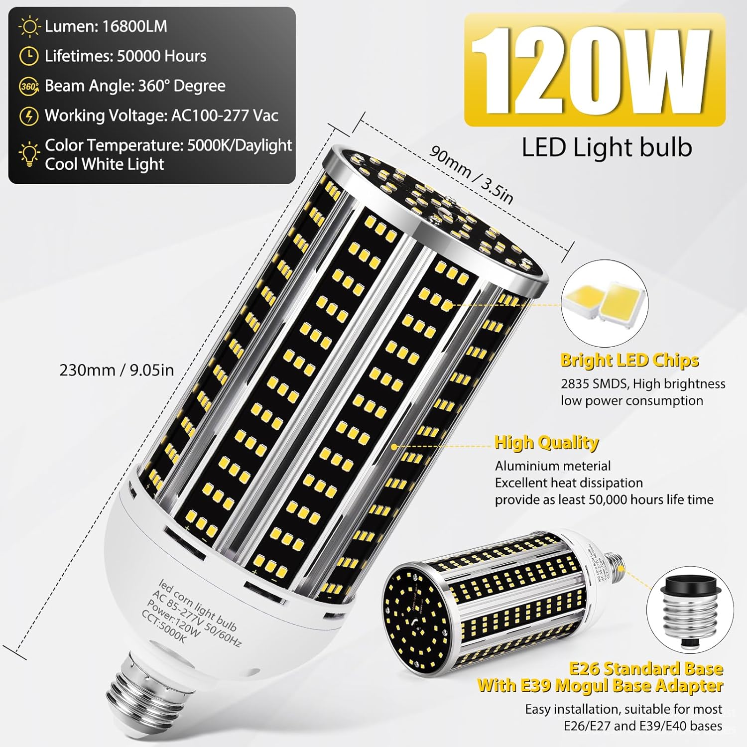 4 pack 120W LED Corn Light Bulb(1200W Equivalent ) ,Commercial Grade DayLight 5000K E26/E39 15900LM Medium Mogul Base LED Lamp,Large Area Lights For Outdoor Indoor Garage Warehouse Factory Bay Light