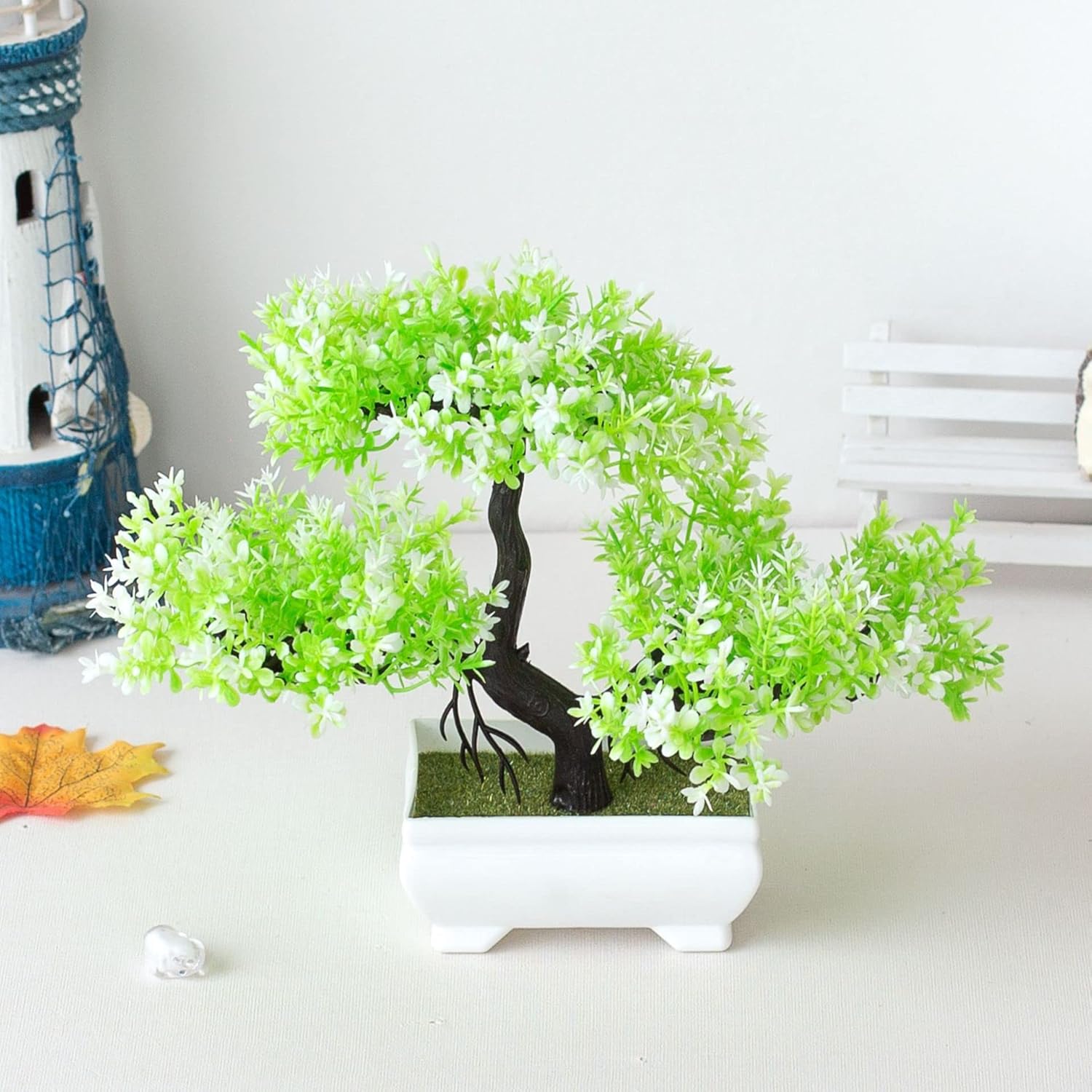 Mini Artificial Bonsai Tree Plants Artificial Plant Welcome Pine Tree with Plastic Cement Pots for Home Office Décor (White)