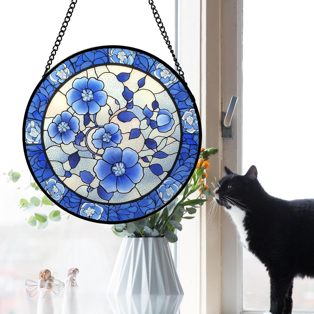 Stained Glass Window Hanging, Blue and White Plum Blossom Sun Catcher for Door Home Decor Flowers Suncatcher Christmas Mother's Day Birthday Gifts for Women Men Mom and Nana 6.3 in