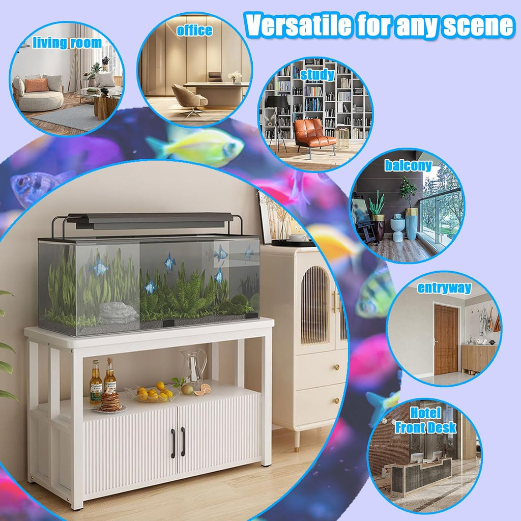 5-75 Gallon Aquarium Stands, 3 Tier Metal Frame Fish Tank Stand with Cabinet Storage, Reptile Tank Stand for Home Living Room Bedroom Office, 2200LBS Capacity (white+white, L35.4″*W15.7″*H23.6″)