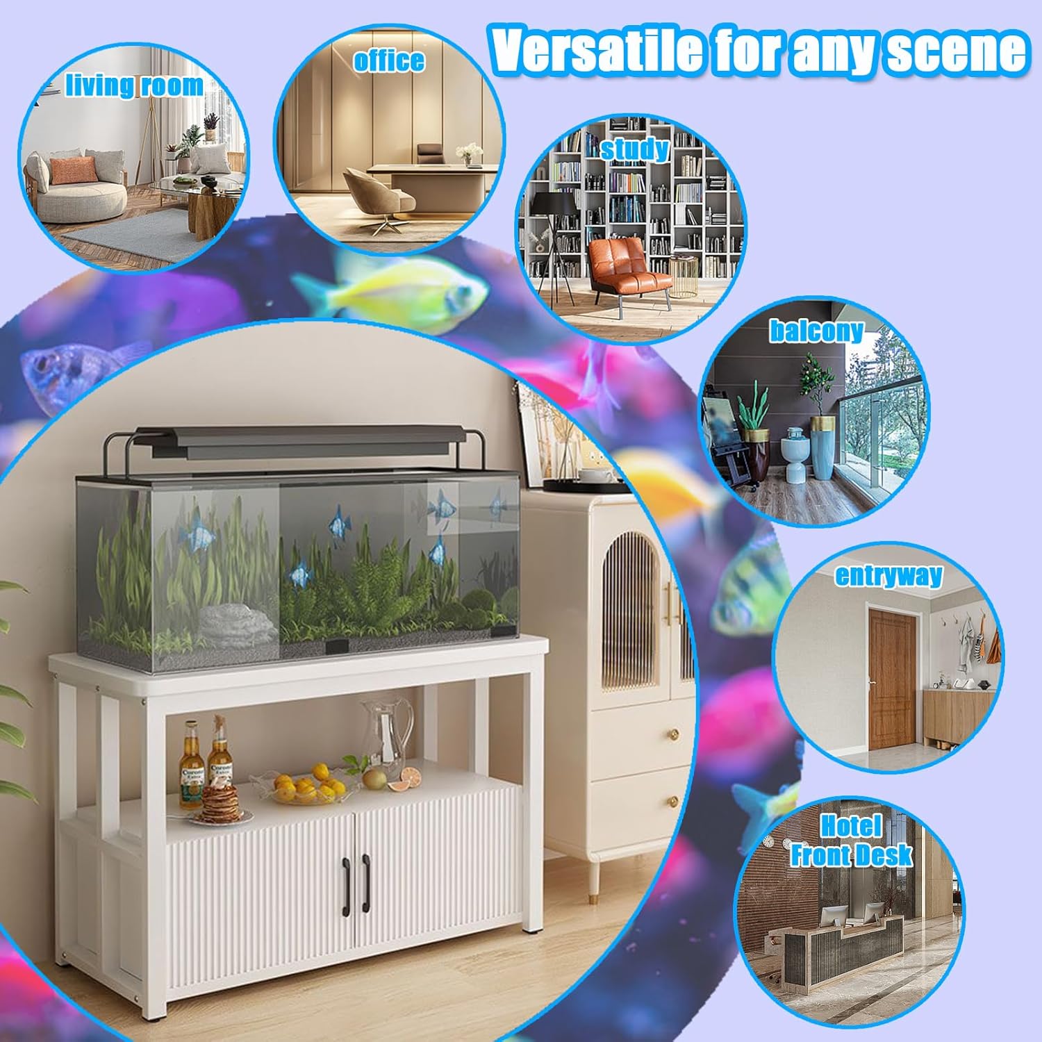 5-75 Gallon Aquarium Stands, 3 Tier Metal Frame Fish Tank Stand with Cabinet Storage, Reptile Tank Stand for Home Living Room Bedroom Office, 2200LBS Capacity (white+white, L19.7″*W11.8″*H23.6″)