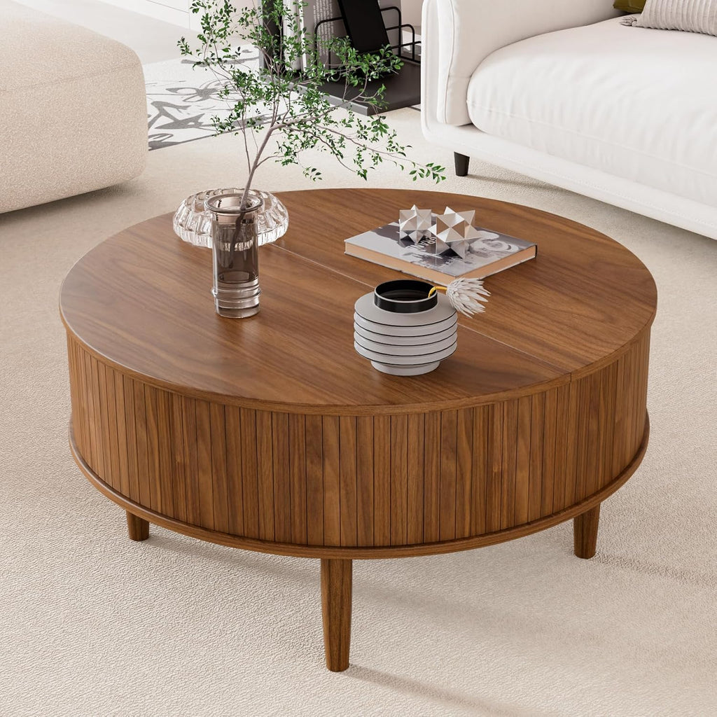 Round Fluted Lift Top Coffee Table with Storage, Mid Century Modern Coffee Table for Living Room, Home Small Space,31.5" Fluted Center Table (Walnut, 31.5inch)