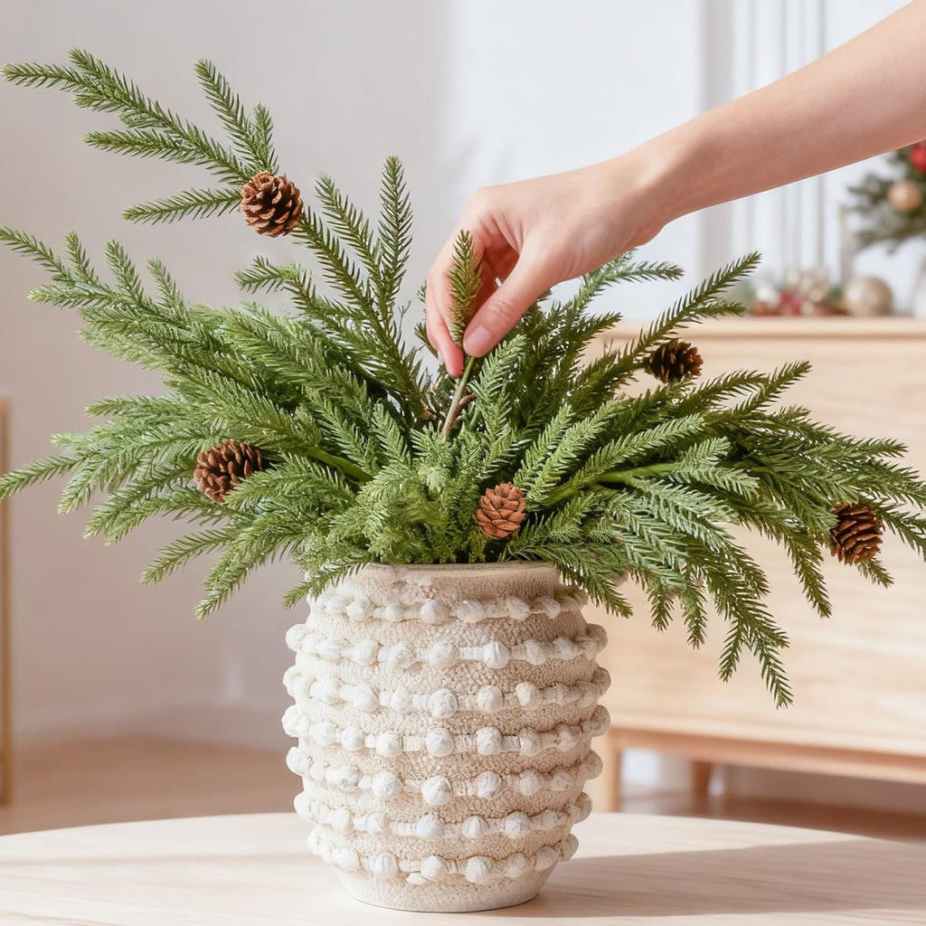 DN DECONATION Artificial Christmas Norfolk Pine Stems, Faux Pine Branches with Cones 35.4" 6PCS - Greenery Fake Pine Needles for Vase Arrangements, Winter, Holiday Indoor Outdoor Home Decor