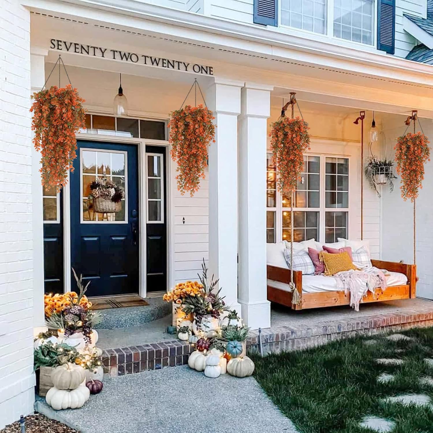 RECUTMS Artificial Fall Flowers Artificial Hanging Plants Faux Autumn Plants Faux Hanging Plants Fake for Indoor Outdoors,No Basket (Orange)