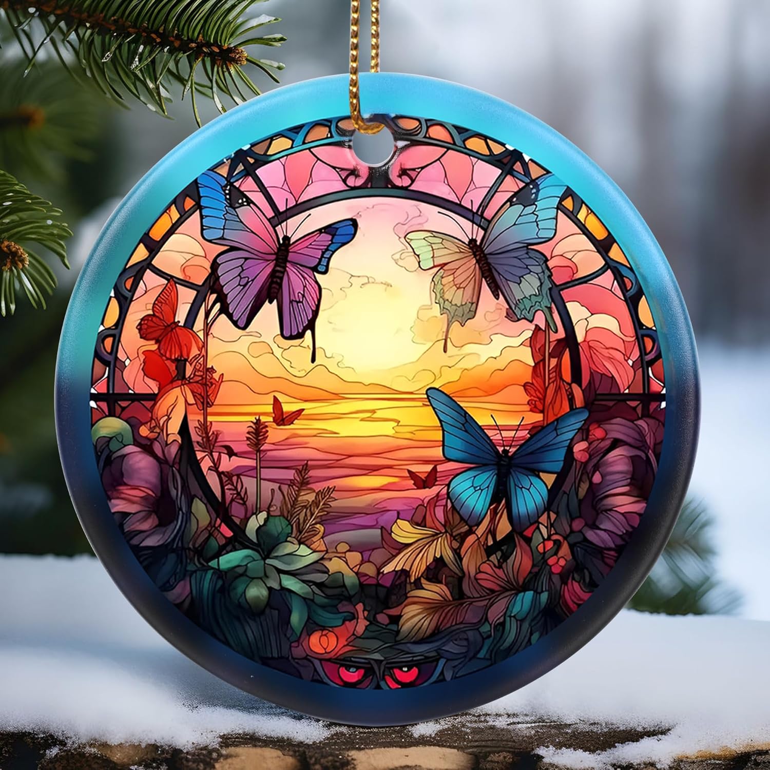 Touber Christmas Ornament, Christmas Decoration, Holiday Present Idea, Heirloom Keepsake, Round Ceramic, Gift Exchange, Gift Idea, Butterfly