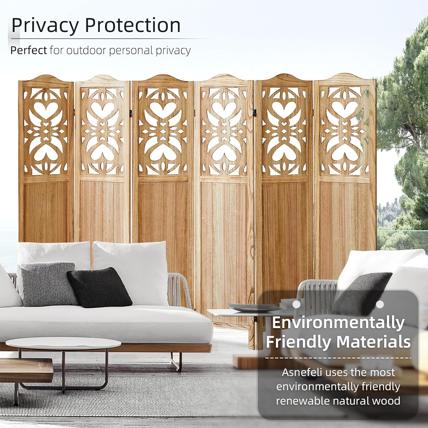 6 Panel Room Divider, 5.6Ft Carved Room Divider Wall and Folding Partition Divider Wal, Folding Privacy Screen, Portable Partition Screen for Bedroom Home Office - Natural