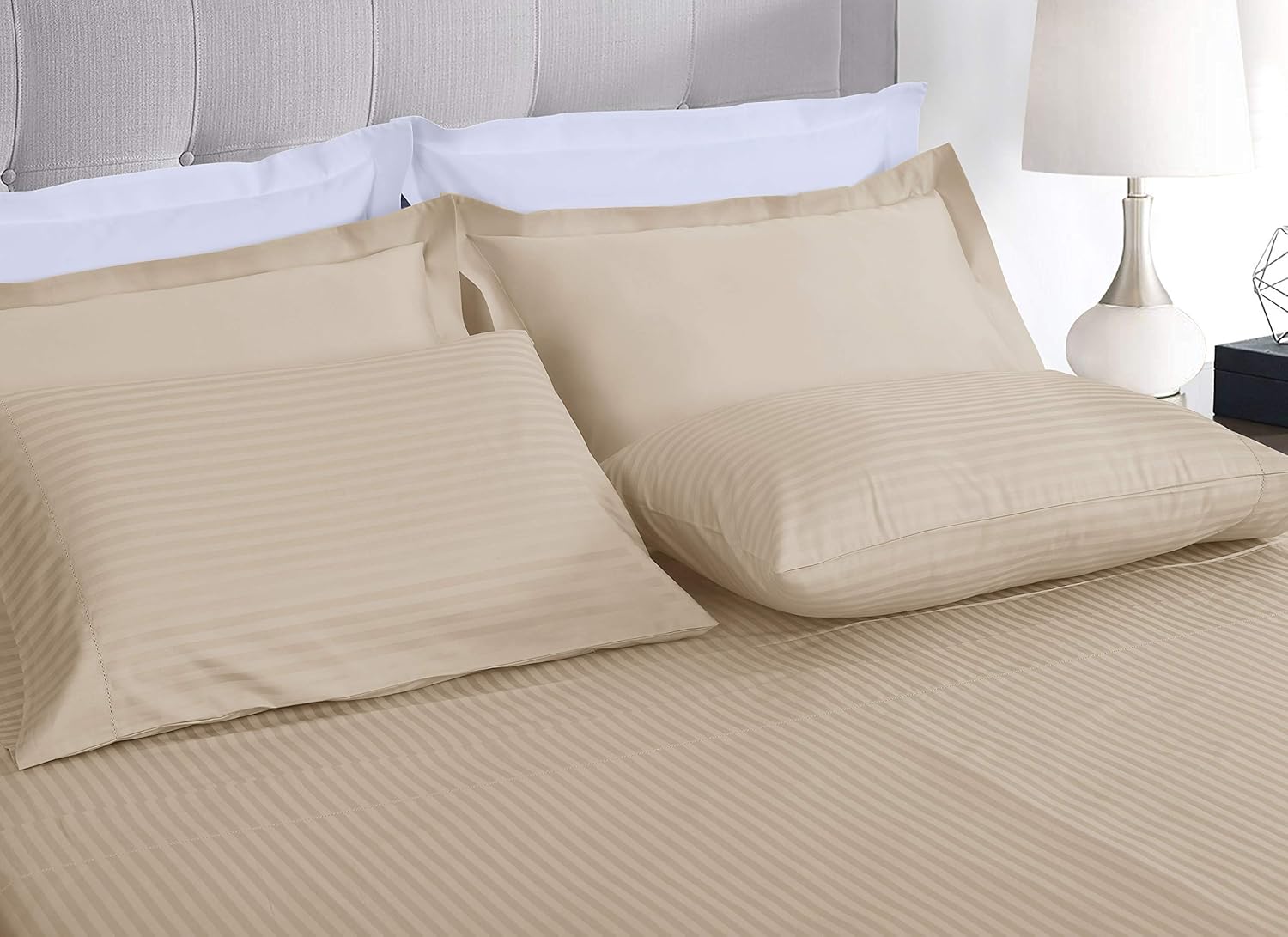 Threadmill 100% Cotton Sheets for Twin Size Bed - 600 Thread Count Twin Bed Sheets Set with 15” Deep Pocket - Damask Stripe Sateen Weave 3-Piece Bedding Set with Cooling Effect, Beige
