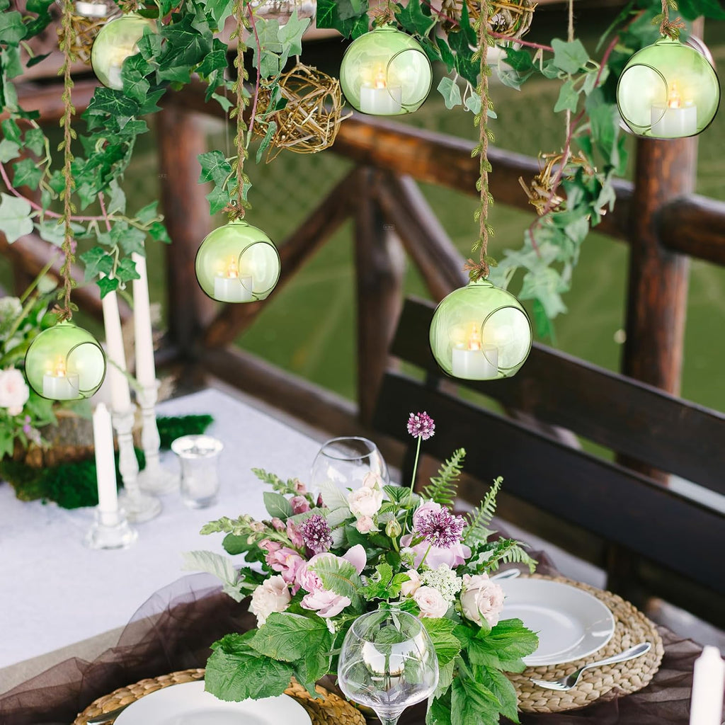 3.15'' Hanging Glass Tealight Holder Globe and 33ft 5mm Natural Jute Twine Ribbon with Artificial Leaves for Crafts, Hanging Glass Terrarium Containers for Wedding Party Tree Decoration