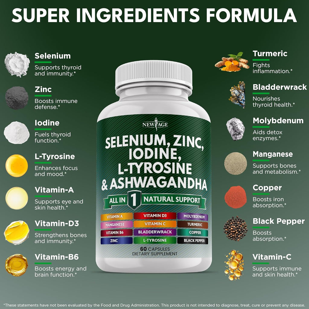 Selenium, Zinc, Iodine, L Tyrosine, Ashwagandha - Support Supplement for Women and Men with Bladderwrack, Turmeric, Silica Kelp, Schisandra - 60 Count