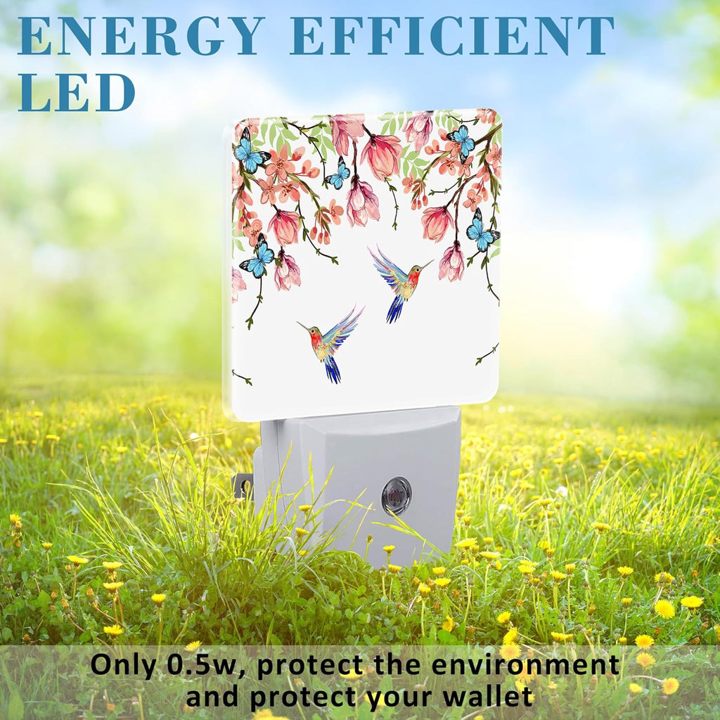 Hummingbirds and Blue Butterflies Night Light Plug into Wall with Dusk to Dawn Sensor Cute Nightlight for Kid Girls Boys Women Men Room Decor, Hallway, Kitchen, Bathroom, Nursery, Stairs